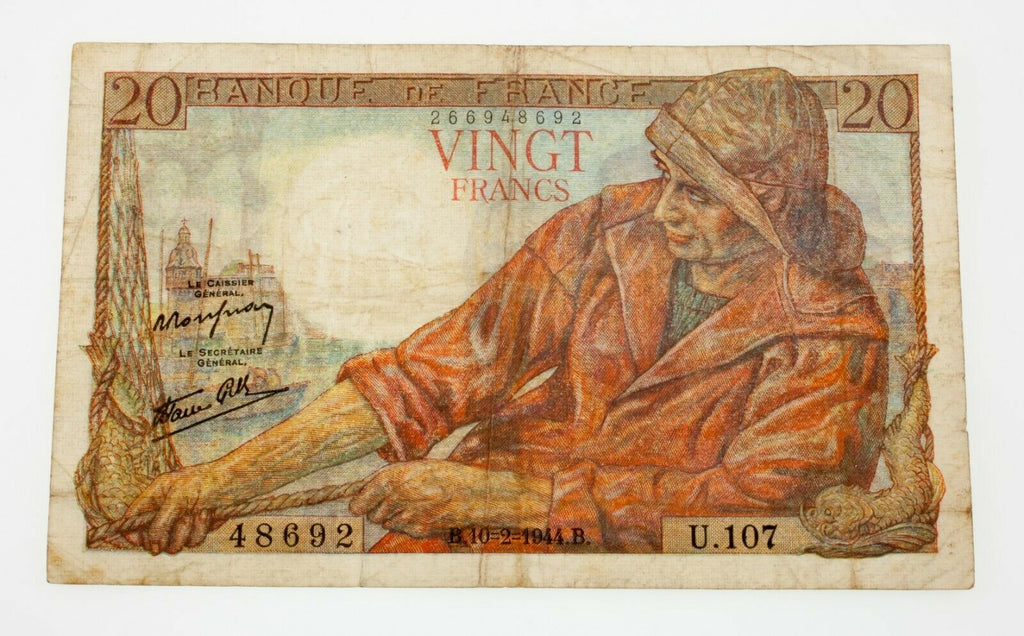 1944 France 20 Francs Note in Fine+ Condition Pick #100a