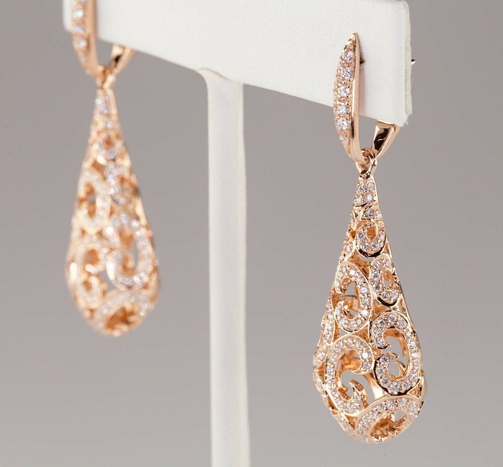 18k Rose Gold Pave Diamond Dangle Puff Earrings with "C" Motif TCW 1.50 Cts