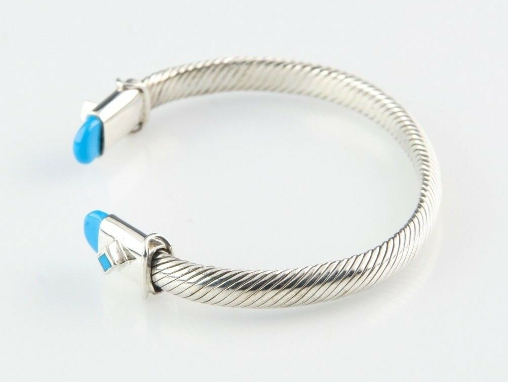 Sterling Silver Cable Cuff Bracelet w/ Blue Accents 7" Long 6 mm Wide 29.0 g
