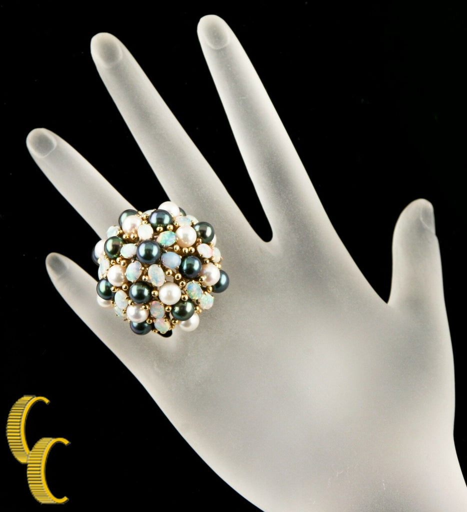 Cultured Freshwater Pearl, Opal Dome 18k Yellow Gold Cocktail Ring Size 8.5