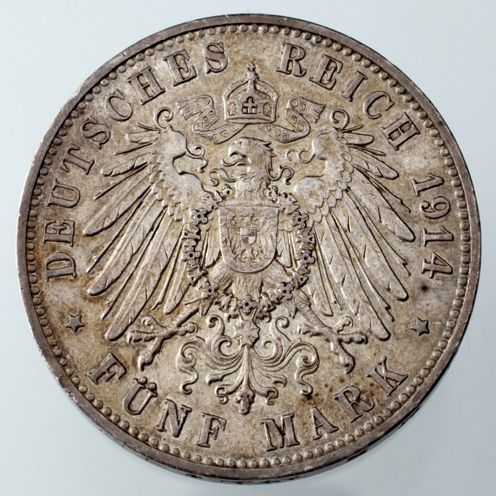 1914-E German States Saxony-Albertine 5 Mark Coin AU Condition KM #1266