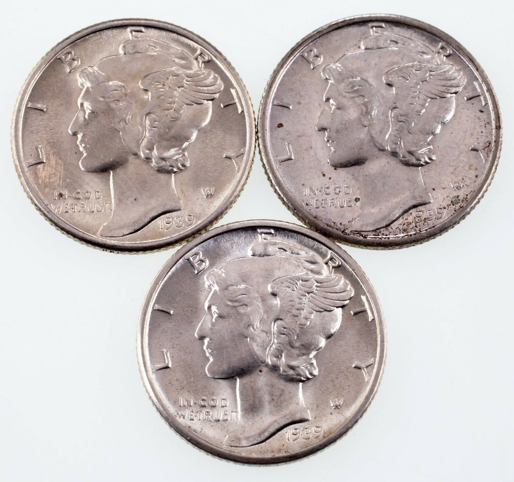 Lot of 3 Mercury Dimes (1939 P, D, and S) in Choice BU Condition, Full Luster