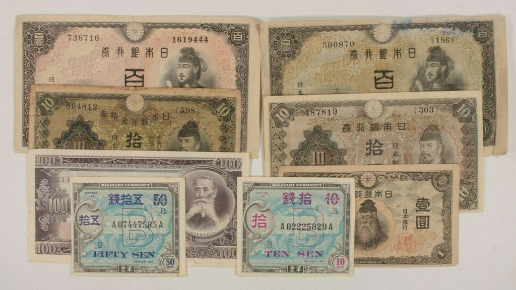 1930-1953 Japan 8-Notes Currency Set / Domestic Banknotes & WW2 Allied Military