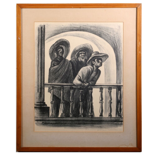 Untitled Signed Lithograph by Marshall Goodman (Three Men by Rail) 21x25" 1941