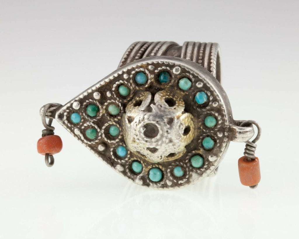 Silver Afghan Plaque Ring with Seed Turquoise Accents and Dangling Coral Beads