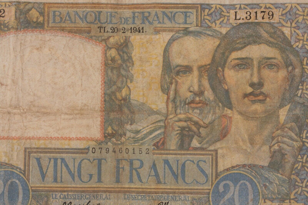 1941 France 20 Francs Note // "Science et Travail" Very Good Condition // P#92b