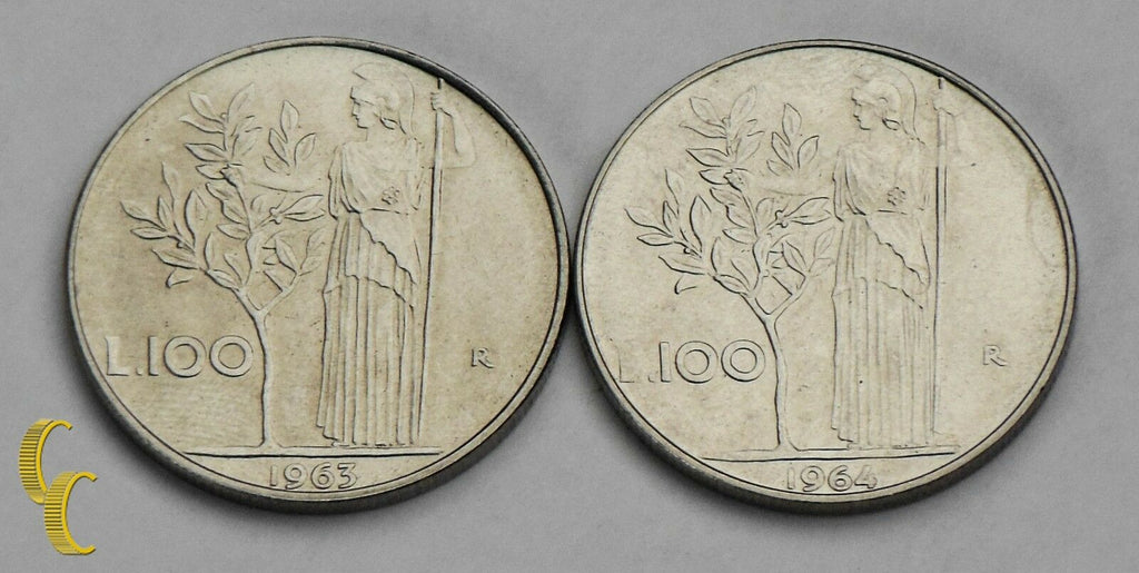 1963 & 1964 Italy 100 Lire Coin Lot of 2 in BU, KM# 96.1