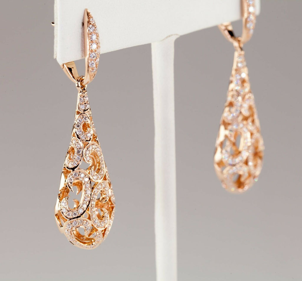18k Rose Gold Pave Diamond Dangle Puff Earrings with "C" Motif TCW 1.50 Cts