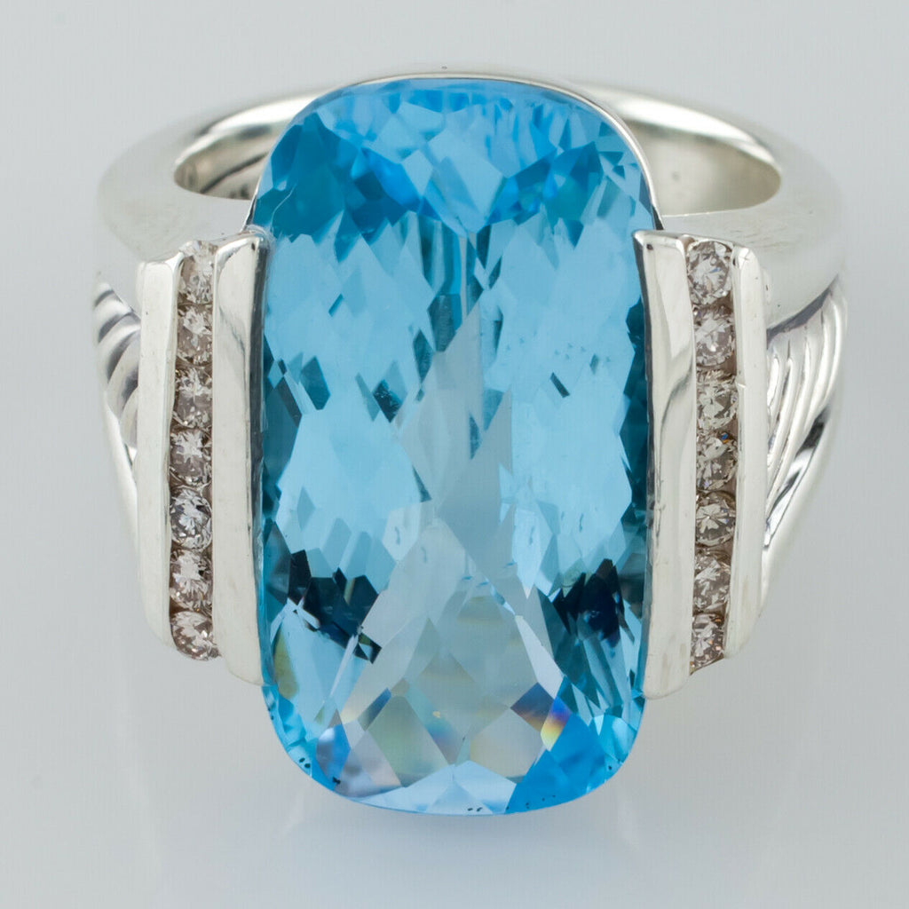 David Yurman Deco Sterling Silver Blue Topaz & Diamond Cable Ring Sz 6.5