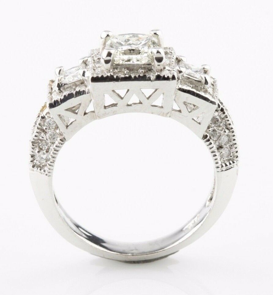 1.70 Carat Princess Cut Diamond 3 Stone 18k White Gold Engagement Ring Size 6.75