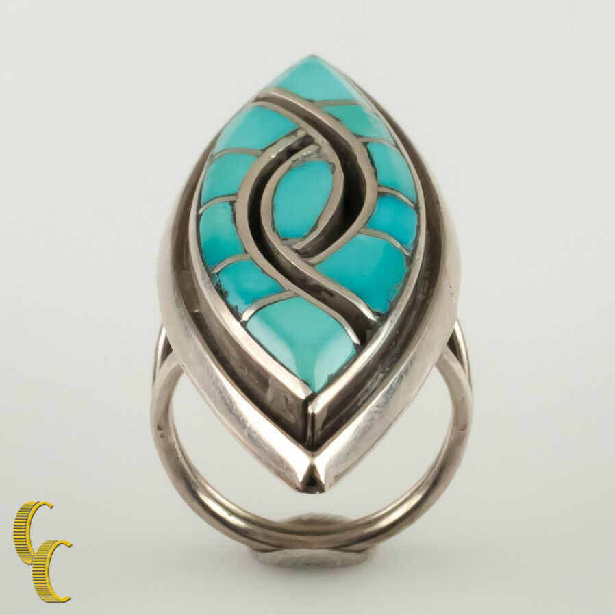 Silver Turquoise and Onyx Lapidary Inlay Ring Size 5.25 Gorgeous Craft!