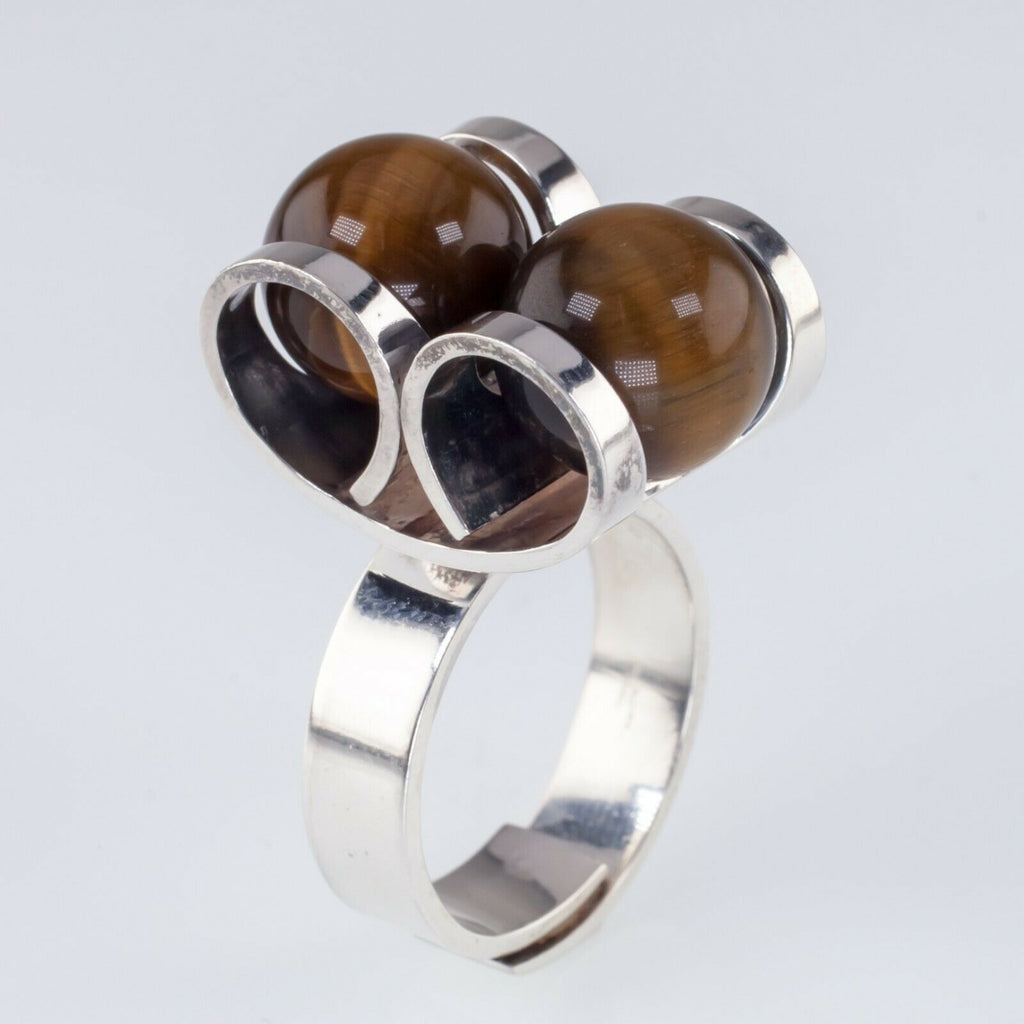 Vintage Finland Designer Elis Kauppi Tiger Eye Sterling Silver Ring Sz: 6.5