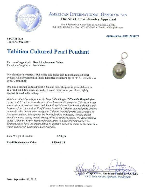 14k White Gold Tahitian Cultured Pearl Drop Pendant Retail Value = $500