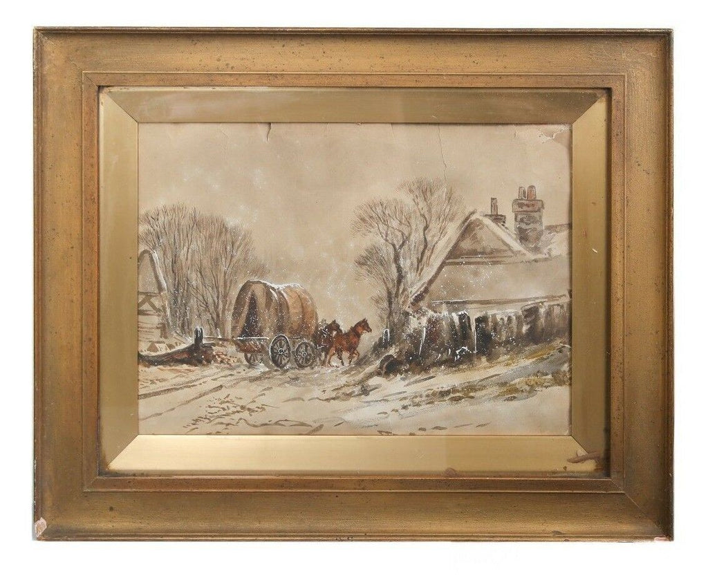 "Untitled" (Village Scene in Winter) Watercolor on Paper, Unknown Artist 21x17"