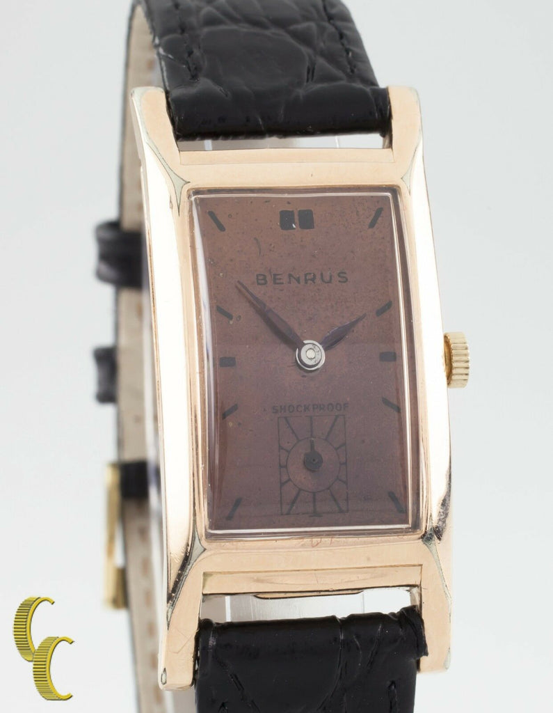 10k Rose Gold Filled Benrus Rectangle Hand-Winding Watch w/ Leather Band