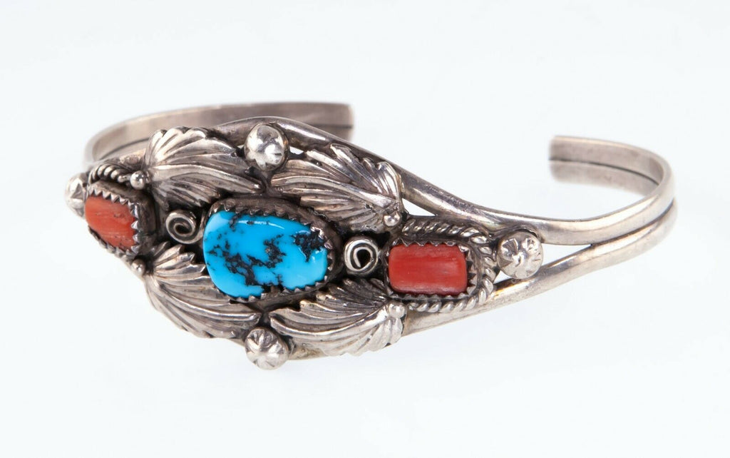 M. Begay Sterling Silver Cuff Bracelet w/ Turquoise, Coral Stones & Leaf Pattern
