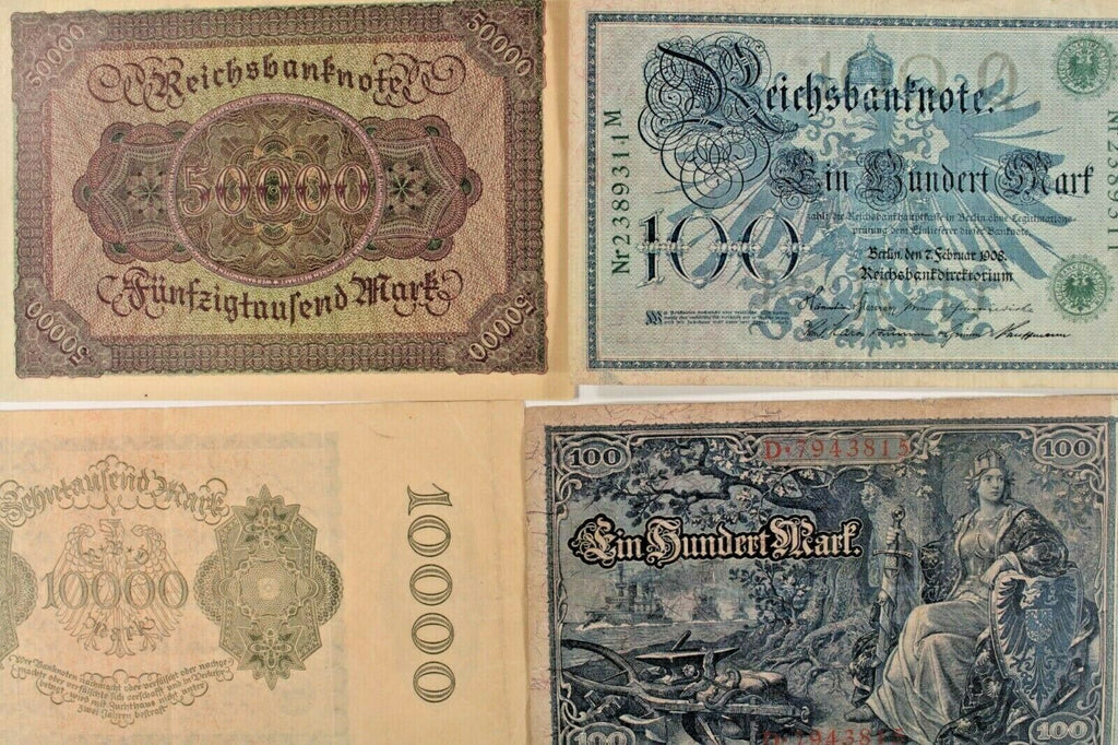 1908-1922 Germany 4-Notes Set / (2) Empire 100 Mark // Weimar 10000 & 50000 Mark