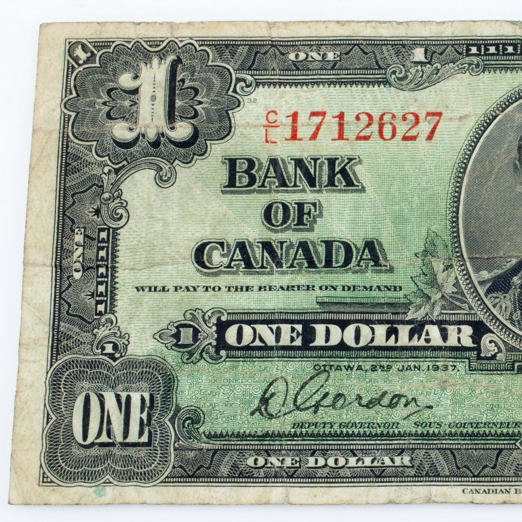1937 Bank of Canada One Dollar Bank Note (F) Fine Condition Pick# 58b