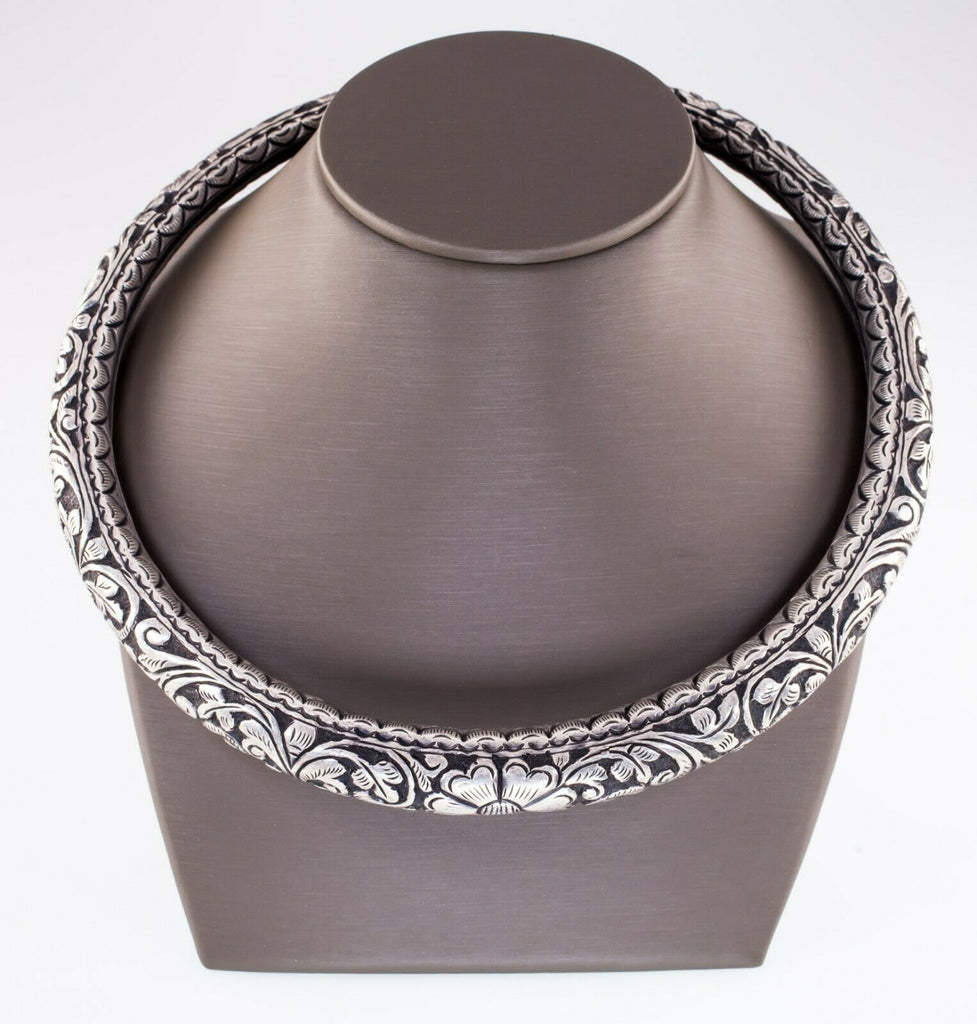 Antique Indian Hansuli Hand Carved Silver Choker Necklace