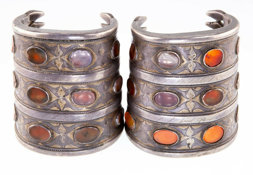 Antique Pair of Wide Turkmen Turkoman Carnelian Silver Cuff Bracelets