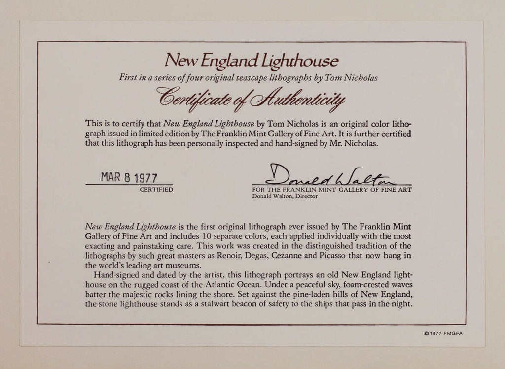 "New England Lighthouse" by Tom Nicholas Franklin Mint Signed Lithograph w/ CoA