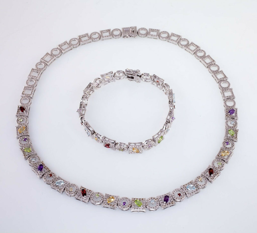 Gorgeous Multi Colors Genuine Gemstones Necklace & Bracelet Set In Sterling
