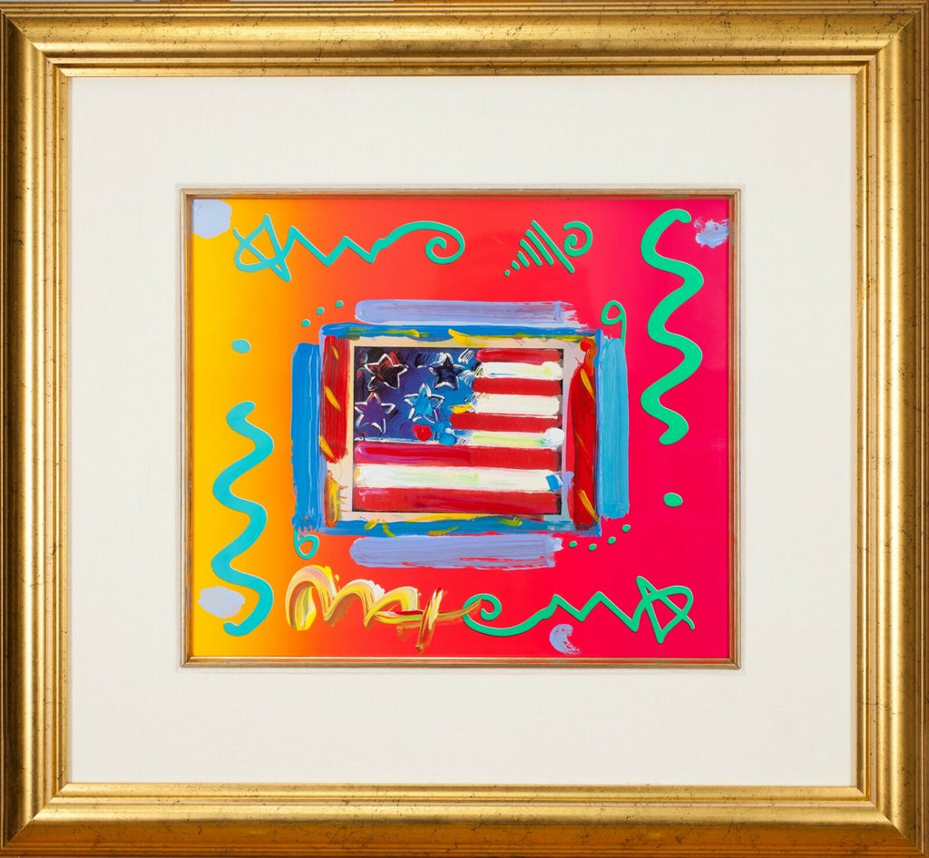 "Flag with Heart" by Peter Max Acrylic Overpaint Lithograph Signed Framed