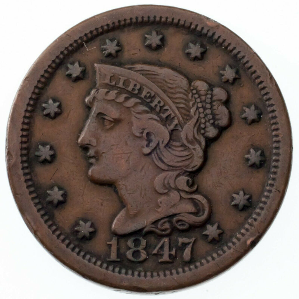 1847 Large Cent VF Condition, All Brown Color, Nice Detail Both Sides