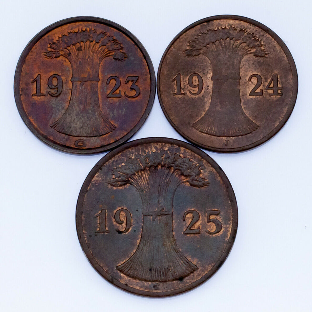 1923-1925 German 1 & 2 Rentenpfennig Coin lot of 3 (AU-BU) KM # 30, 38