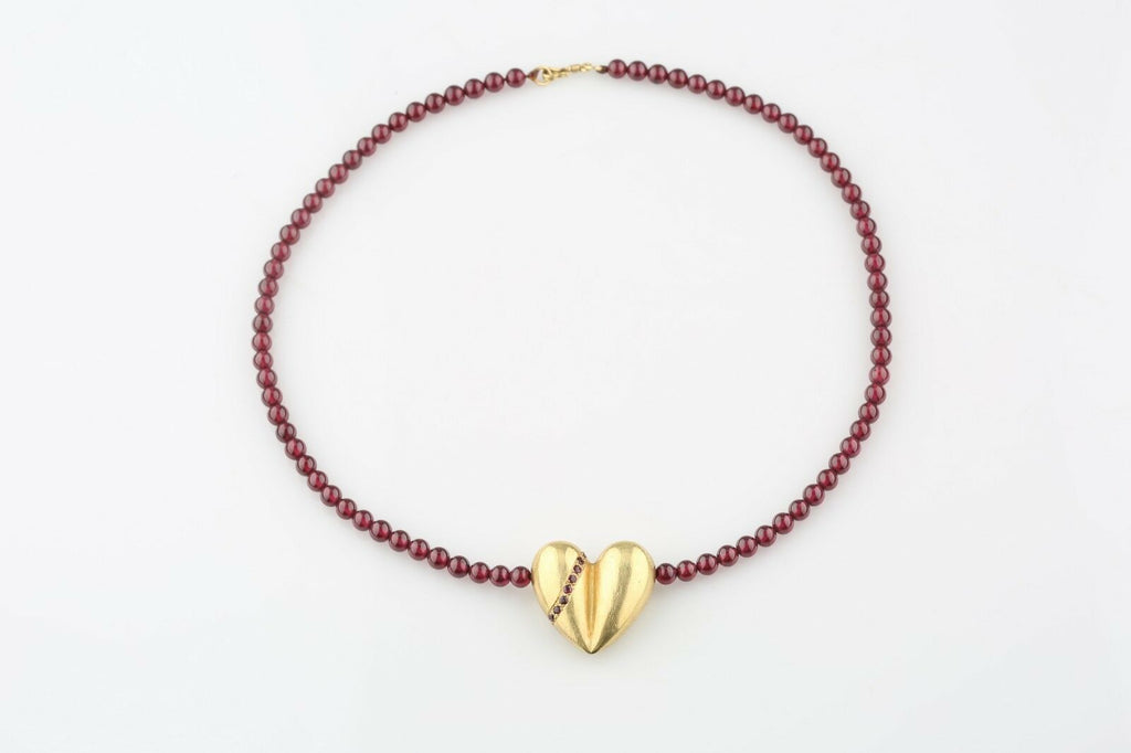 Kieselstein-Cord 18k Gold Heart Necklace w/ Ruby & Sapphire on Garnet Strand