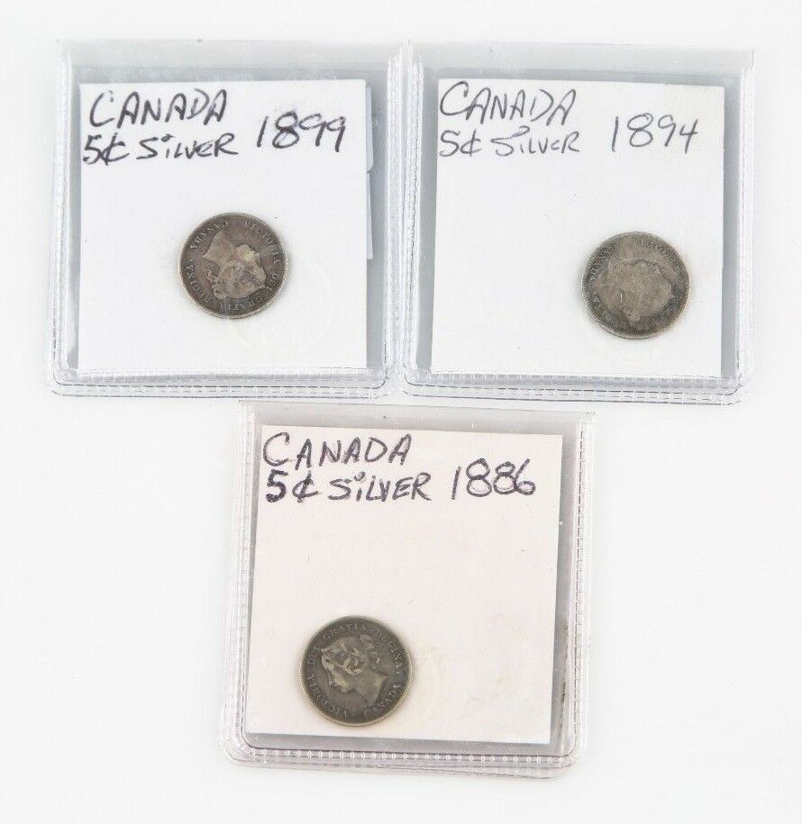 Canada 5 Cents Silver Coins Lot (3) 1899 VF+ 1894 VG+ 1886 VF 5C 5¢ KM#2