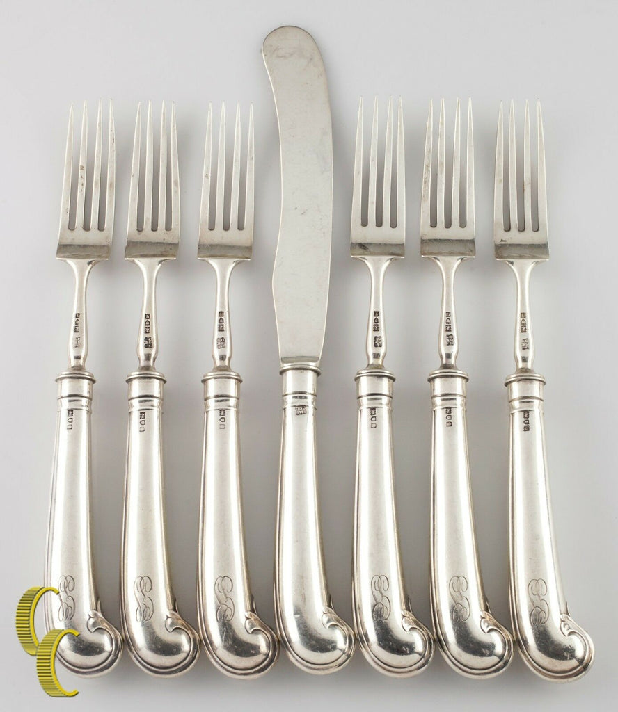 D&J Welby Sterling Silver Flatware Set 6 Forks and 1 Butter Knife London 1911