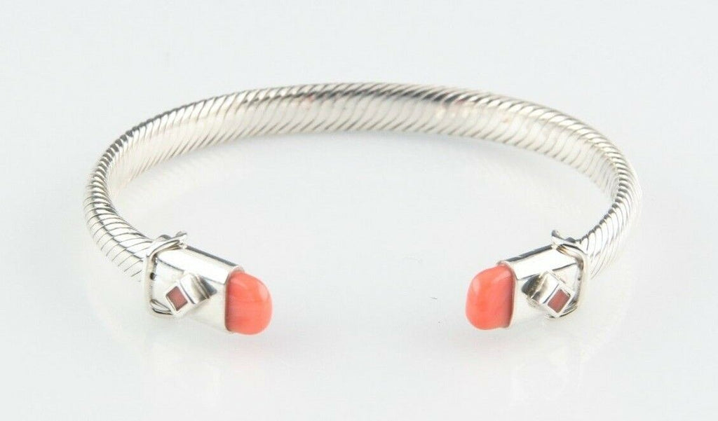 Sterling Silver Cable Cuff Bracelet w/ Coral Accents 7" Long 6 mm Wide 29.2 g