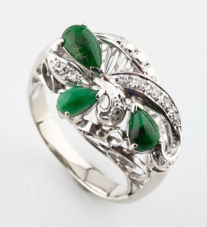 Cabochon Jadeite and Diamond 10k White Gold Cluster Ring Size 5.75