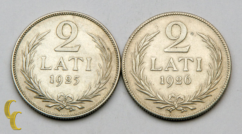 1925-1926 Latvia 2 Lati Silver Coin Lot of 2, KM# 8