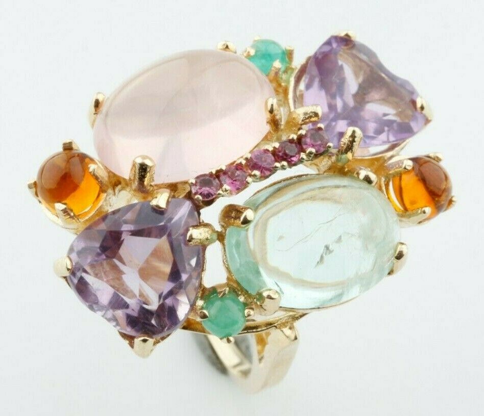 14k Yellow Gold Multi-Gemstone Plaque Cocktail Ring Size 7.75 Unique!
