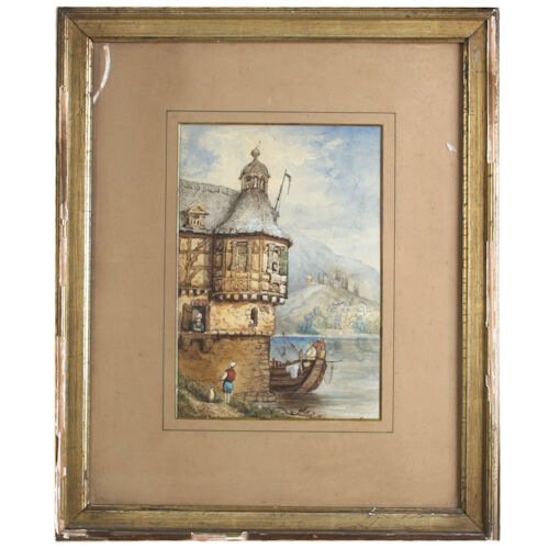 Untitled Medieval House by Lake Watercolor on Paper Unknown Artist 10.5" x 7.5"