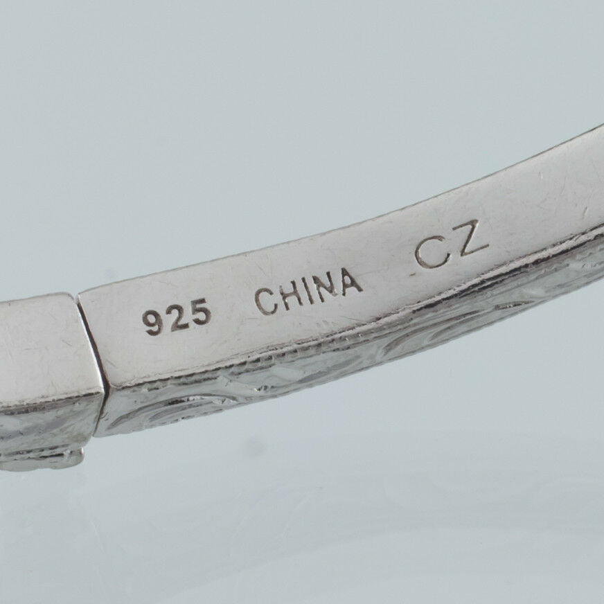 Sterling Silver Tacori Engraved Bangle w/ Row of Channel Set Princess Cut CZs