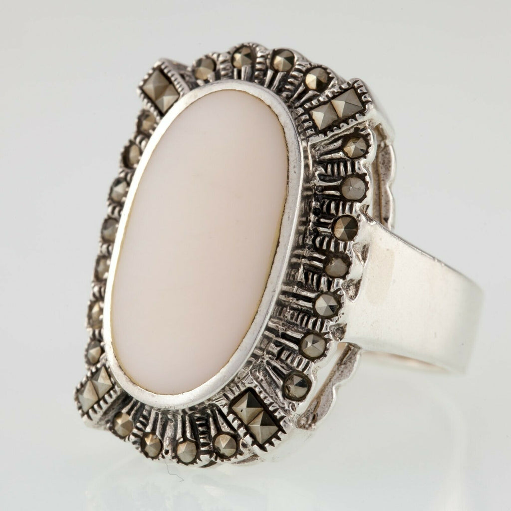 Large Mother of Pearl Sterling Silver Marcasite Ring Size 9