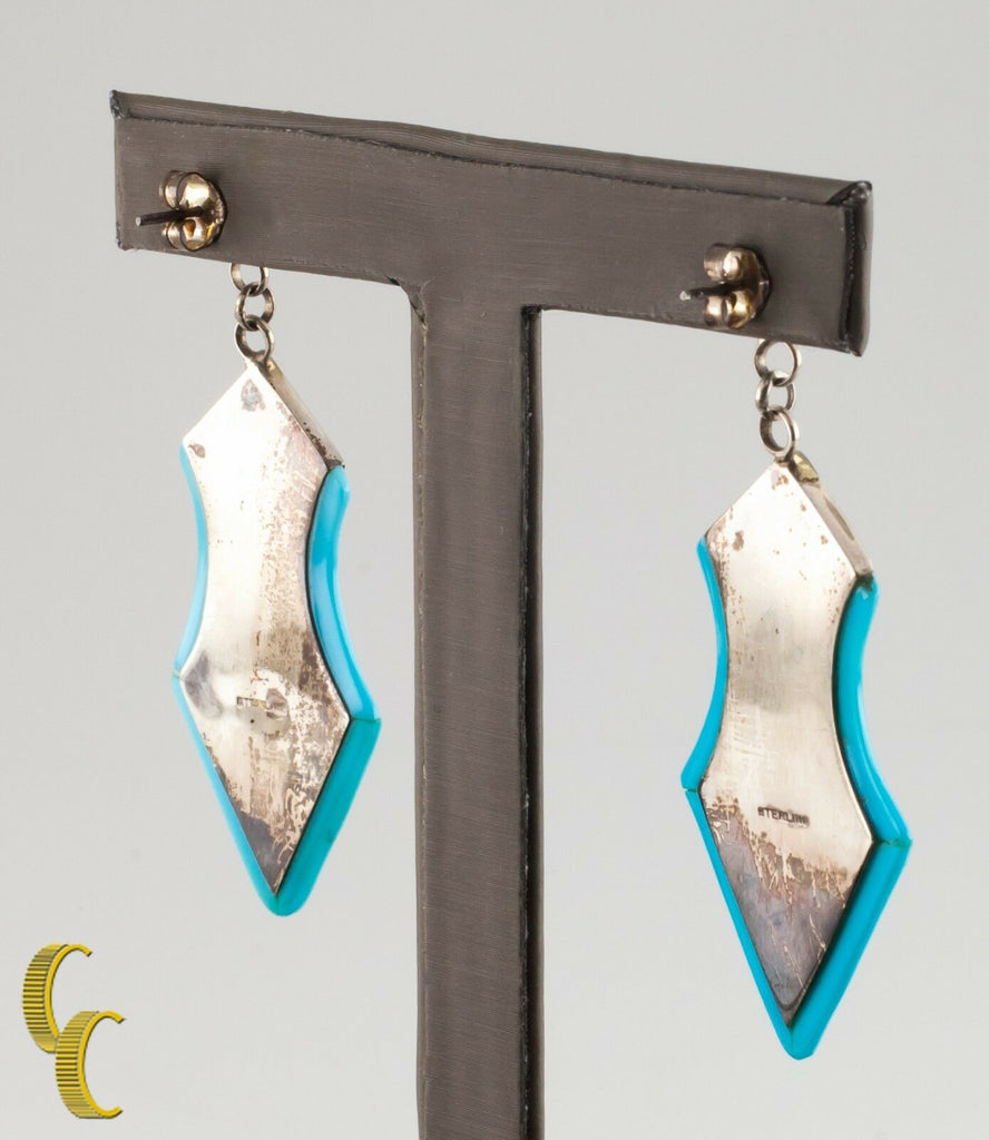.925 Sterling Silver Shield Shaped With Turquoise Accsents Earrings