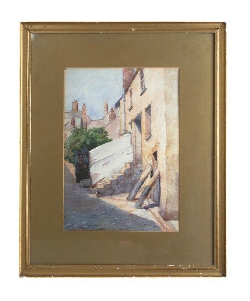 Vintage Untitled Watercolor by M. Jeboult Street Alley Painted in 1904 23" x 18"