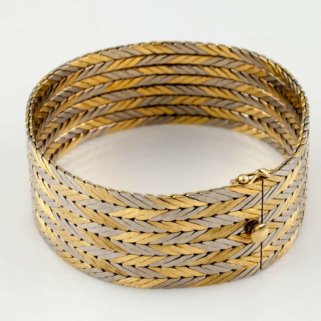 Gubelin Estate 18k Two-Tone Gold Chevron Pattern Bracelet w/ Hidden Clasp