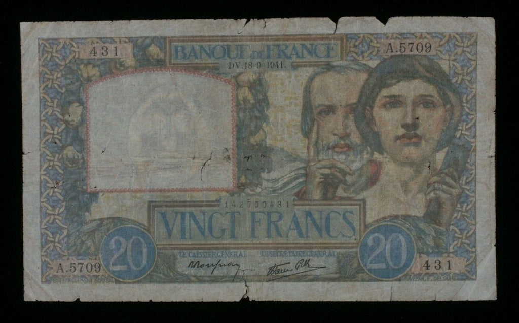 1941 France 20 Francs Note // Science et Travail // Banque de France (P#92b.9)