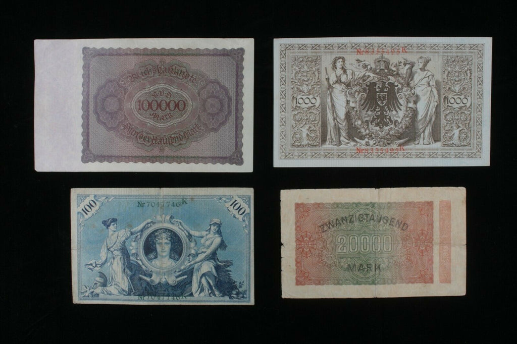 1908-1923 Germany 4-Notes Set // Empire & Weimar Republic Marks