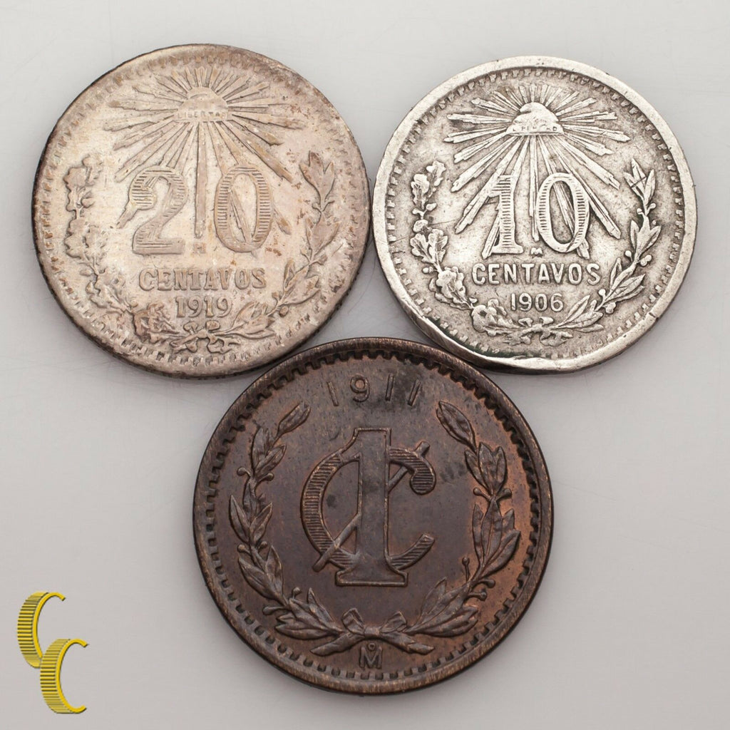 1906, 1911 & 1919 Mexico Centavos 1C, 10C & 20C Lot of 3 Coins