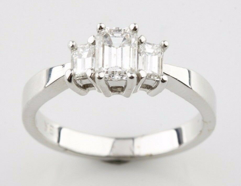 1.00 carat Emerald Cut Diamond 18k White Gold 3-Stone Engagement Ring Size 6.5