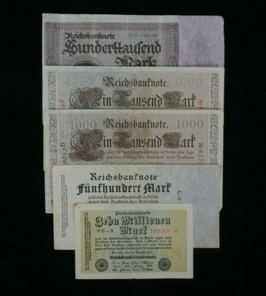 1910-1923 Germany 5-Notes Set // Empire 1000 Marks & Weimar 500-10 Million Marks