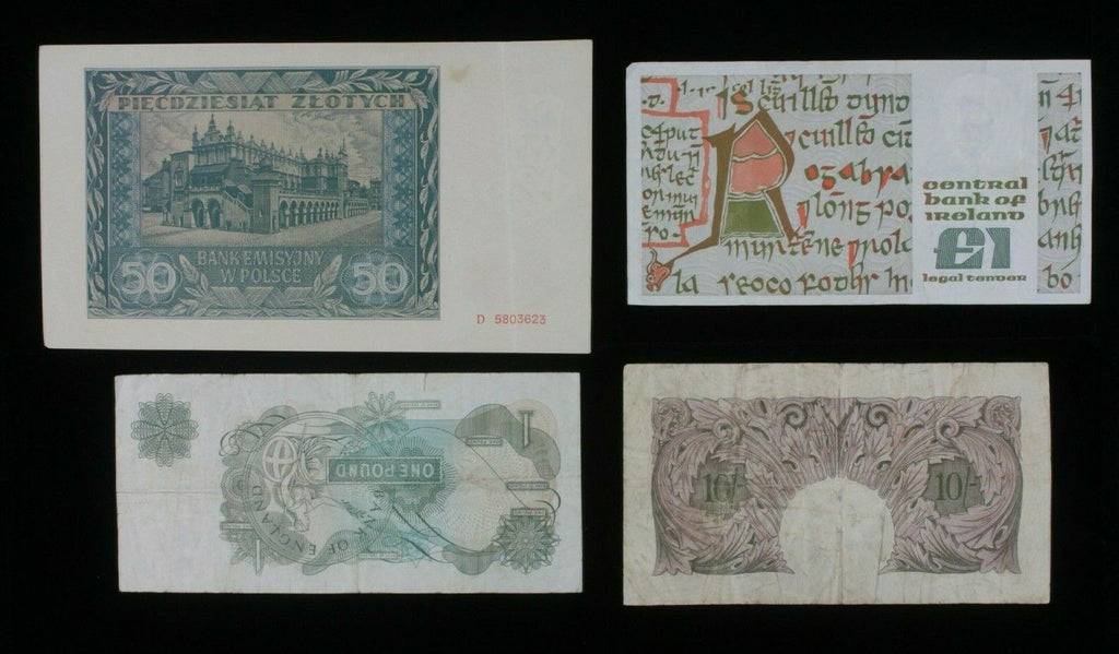 Great Britain, Ireland & Poland 4-Notes Set // Pounds, Shillings & Zlotych