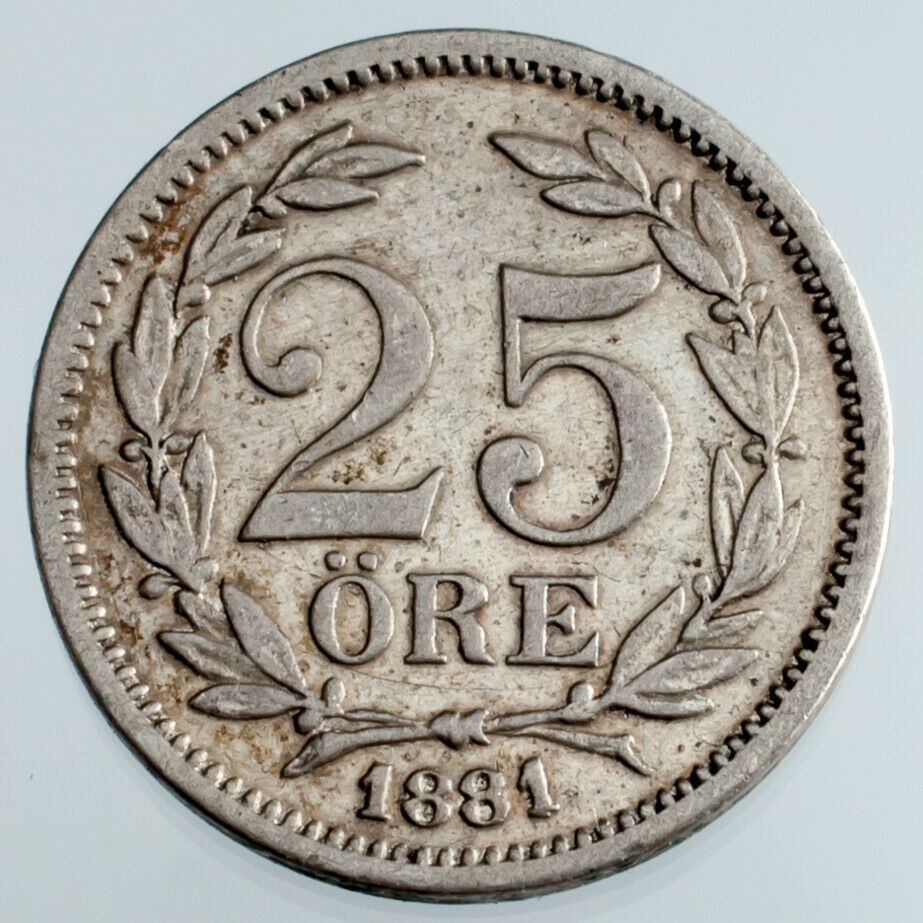 1881-EB Sweden 25 Ore Silver Coin in XF Condition KM #739