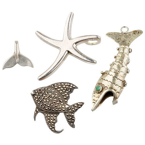STERLING SILVER SEA CREATURES PENDANTS & BROOCH, STARFISH, WHALE TAIL, TWO FISH